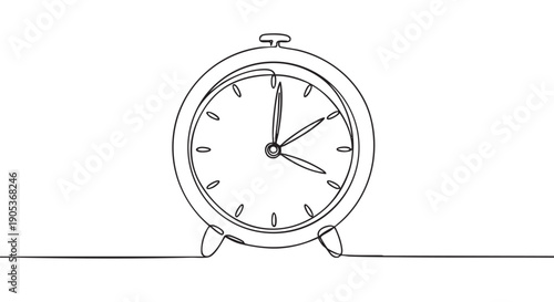 Minimalist continuous line drawing of an alarm clock with two hands and a winding knob, rendered in a clean, artistic black and white style