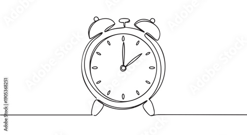 Minimalist continuous line drawing of an alarm clock with bells and feet, depicting the concept of time, urgency, and deadlines in a simple, elegant artistic style