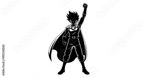 Silhouette of a powerful anime character with raised fist.