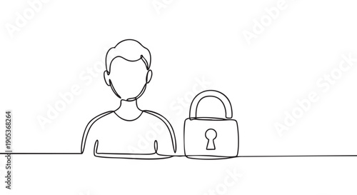 Continuous line drawing of a person and a padlock, symbolizing user data protection, digital privacy, and secure online access with a minimalist aesthetic