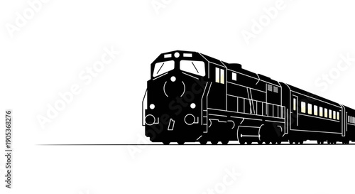 Silhouette of a powerful diesel locomotive pulling passenger cars.
