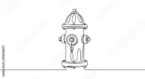 Black continuous line art fire hydrant with a subtle drip from its central nozzle, presented in a clean, minimalist graphic style illustration