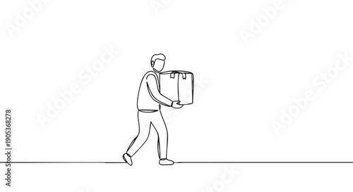 Minimalist continuous line drawing depicts a man carrying a taped cardboard box, walking with purpose in a simple, clean artistic style
