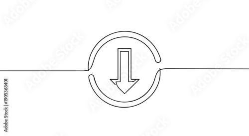 Continuous line drawing of a download arrow icon within a circle, symbolizing data transfer and digital content acquisition with a modern, minimalist aesthetic