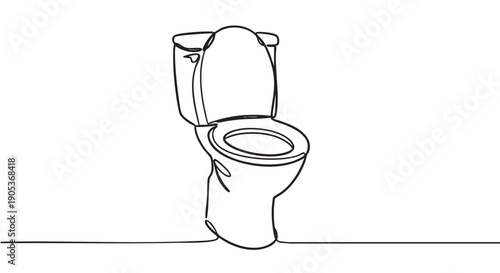 Modern white ceramic toilet with its lid up is depicted in a minimalist continuous line art style, featuring bold black outlines on a clean composition