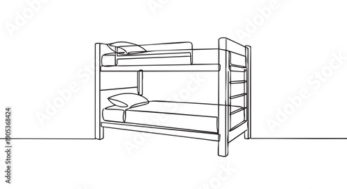 Minimalist continuous line art bunk bed with two sleeping levels and pillows, featuring a ladder on the side, rendered in a clean, artistic black and white illustration style