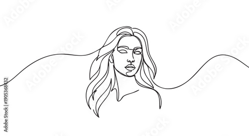 Minimalist continuous line art drawing of a woman's face with long flowing hair, elegantly rendered in a modern artistic style with a serene expression