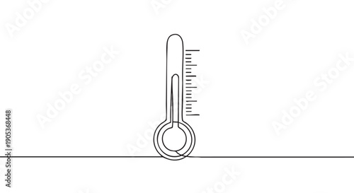 Simple continuous line drawing of a thermometer with clear measurement markings, rendered in a minimalist black and white illustration style, conveying concepts of temperature and health