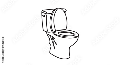 Simple black outline drawing of a toilet with its lid and seat open, depicted in a minimalist, illustrative style from a slightly elevated perspective