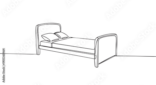 Minimalist continuous line drawing of a bed with a headboard, footboard, mattress, and two pillows, rendered in a clean, simple illustration style