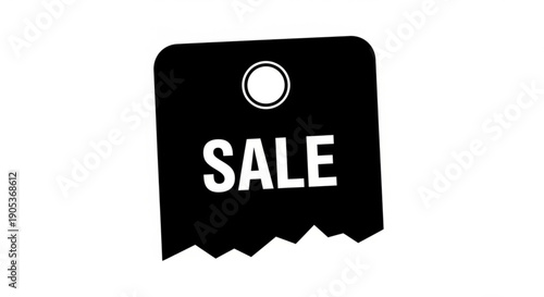 A black sale tag with white text against a plain background viewed from directly above