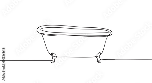 Minimalist continuous line art drawing of a classic clawfoot bathtub, rendered with a single flowing black stroke on a clean, bright surface, conveying simplicity and elegance