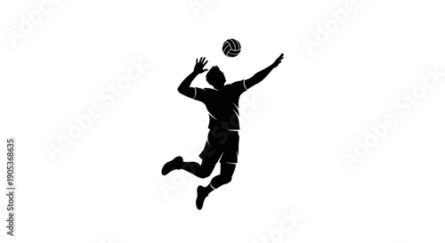 Silhouette of a volleyball player in midair spiking the ball.