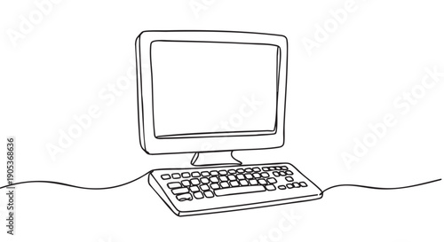 Simple continuous line drawing of an old desktop computer monitor and keyboard, rendered with a minimalist hand-drawn aesthetic in a single unbroken stroke