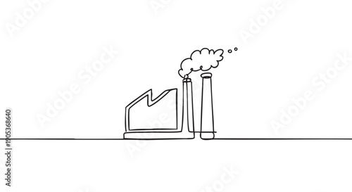 Minimalist continuous line drawing of a factory building with two tall smokestacks, one emitting stylized smoke, rendered in a simple, clean illustration style