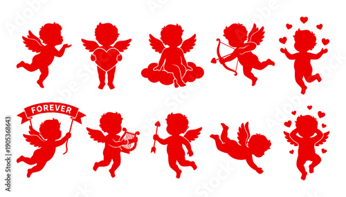 Red Cupid Cherub Silhouettes Collection with Heart Bow Arrow Harp and Cloud for Valentine Day and Romance Illustration