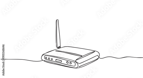 Minimalist continuous line art drawing of a wireless router with a single antenna, depicting modern network technology in a simple, elegant style
