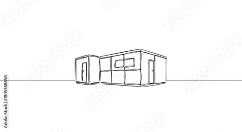 Continuous line drawing of a modern modular building, featuring a minimalist architectural design with windows and doors, rendered in a clean black outline on a pristine white surface