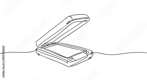 Continuous line drawing of an open flatbed scanner, depicted with a minimalist artistic style and clean black outlines, showing the device ready for document scanning
