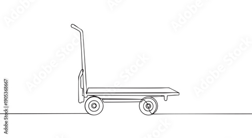 Simple continuous line drawing of a flatbed cart with a handle and four wheels, depicted in a minimalist black and white style from a side perspective