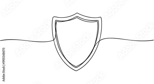Single continuous line drawing of a shield icon, rendered in black on a clean white surface, conveying concepts of protection, security, and safety with a minimalist aesthetic