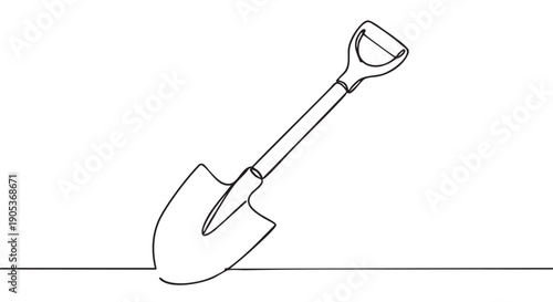 Single continuous line drawing of a shovel with a D-handle, its blade partially inserted into the ground, depicted in a minimalist artistic style