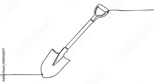 Continuous line art drawing of a shovel with a D-grip handle, angled as if digging into the ground, rendered in a minimalist black and white style