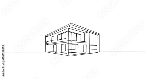 Minimalist continuous line drawing of a modern two-story house, rendered with clean black lines, showcasing its architectural design and contemporary style from an angled perspective