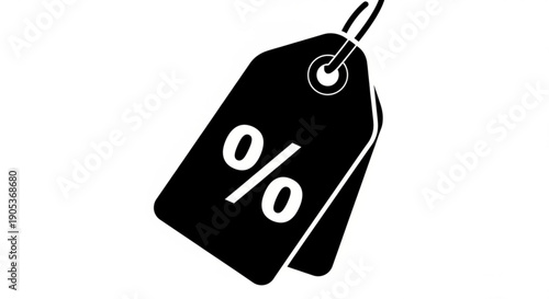 Black price tag with percent sign hanging from a string, isolated on a clean background, viewed from a straightforward angle