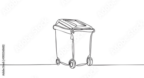 Minimalist continuous line drawing of a wheeled trash can, rendered with clean black lines, symbolizing waste management and environmental responsibility in a modern, artistic style