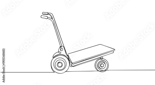 Minimalist continuous line art hand truck is depicted in a simple black and white illustration, showcasing its functional design with clean, flowing lines