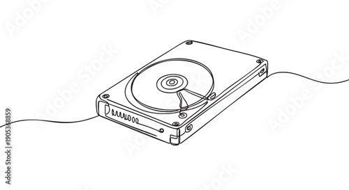 Continuous line drawing of an open hard disk drive, featuring its internal platter and read/write head, symbolizing data storage and modern technology with a sleek, minimalist aesthetic