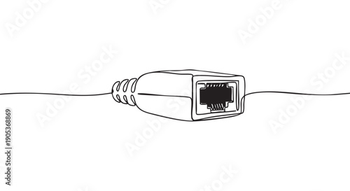 Continuous line drawing of an Ethernet cable connecting to an RJ45 network connector, presented in a minimalist black and white artistic style with clean lines