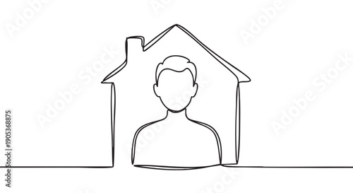 Continuous line drawing of a person inside a house, symbolizing concepts of home, safety, and shelter with a minimalist black and white aesthetic