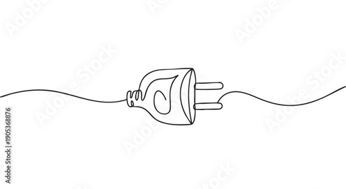 Continuous line art drawing of an electrical plug with a cable extending on both sides, presented in a simple, minimalist, and modern graphic style