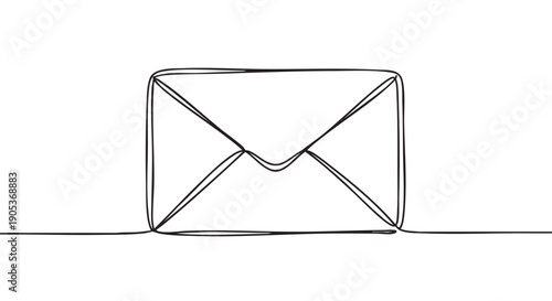 Minimalist continuous line drawing of an envelope, rendered with a single flowing black stroke, conveying simplicity and connection