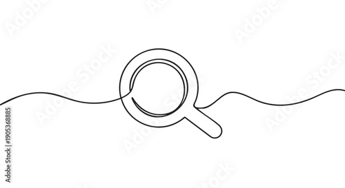 Minimalist continuous line drawing of a magnifying glass with a wavy horizontal line extending from both sides, conveying concepts of search, discovery, and focus