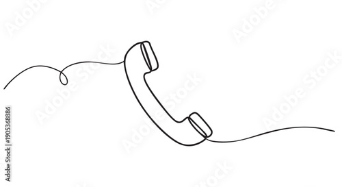 Minimalist continuous line drawing of a telephone receiver, depicted in a simple black outline style, conveying the essence of communication