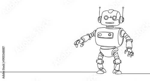 Charming retro-futuristic robot stands with antennas and circular eyes, depicted in a minimalist continuous single line art style with clear black outlines