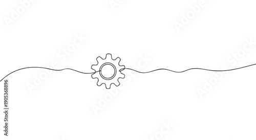 Single continuous line drawing of a gear, centrally placed, with a wavy horizontal line extending from both sides, rendered in a minimalist and elegant artistic style