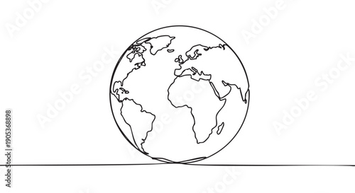 Simple continuous line drawing of the Earth globe, showcasing continents in a minimalist, modern, and clean artistic style, symbolizing global connection and unity