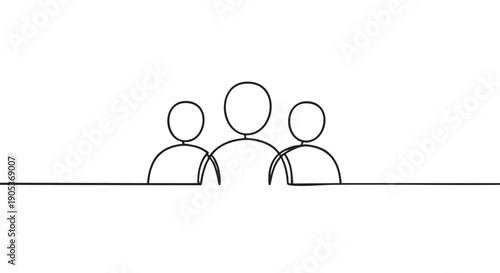 Three abstract continuous line drawing human figures are depicted in a minimalist style, forming a cohesive group with a single flowing black stroke