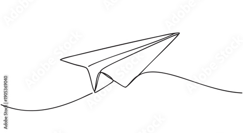 Minimalist continuous line drawing paper airplane soars gracefully along a fluid, wavy path, embodying concepts of travel, communication, and freedom