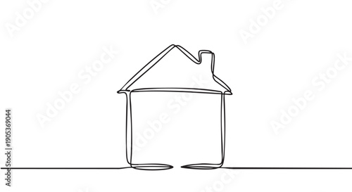 Simple continuous line drawing of a house with a chimney, rendered in a minimalist artistic style, conveying concepts of home, shelter, and real estate