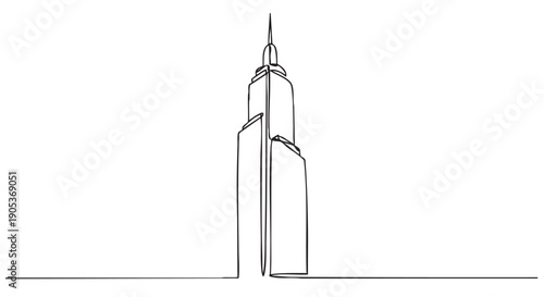 Single continuous line drawing of a tall modern skyscraper with a prominent spire, showcasing minimalist architectural design and a clean, artistic aesthetic