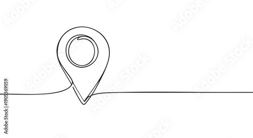 Minimalist continuous line art location pin icon is elegantly drawn with a single flowing black stroke, symbolizing navigation and discovery