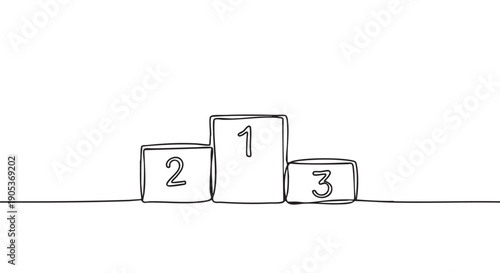 Minimalist continuous line art winner's podium with numbers one, two, and three, rendered in a simple black outline on a clean white canvas