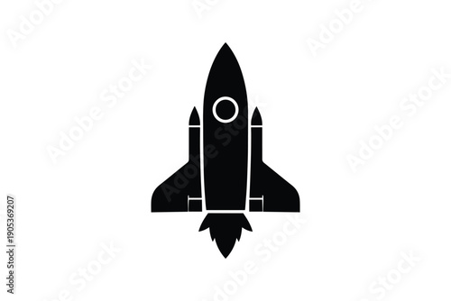 Retro rocket ship blasting off into space with fiery exhaust on white background, futuristic transport concept