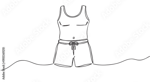 Minimalist continuous line drawing of a women's tank top and shorts, featuring a simple, elegant black outline on a clean white canvas