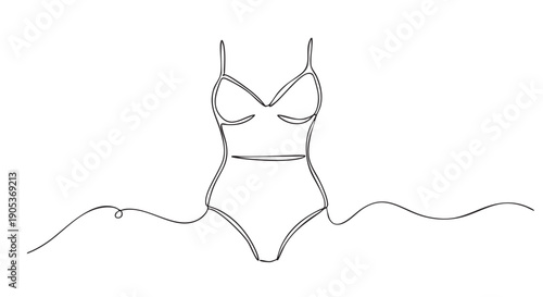 Elegant continuous line art drawing of a stylish one-piece swimsuit with delicate straps, rendered in a minimalist fashion, evoking a sense of summer and fashion